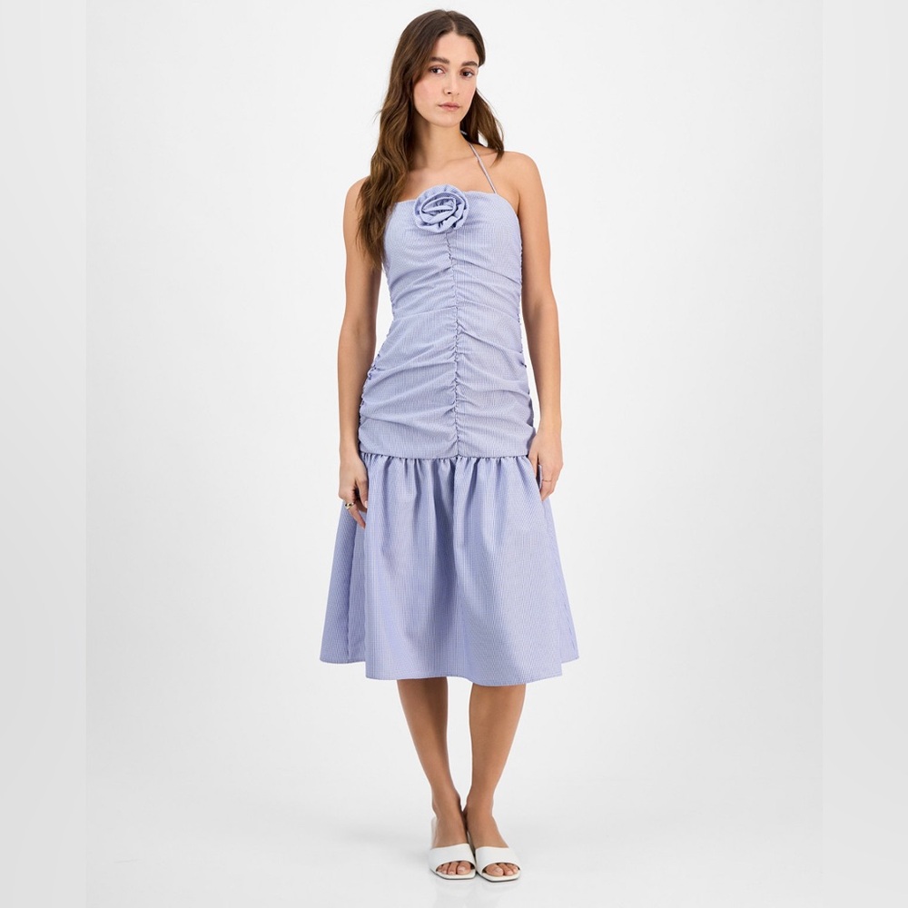 14th Place Juniors' Striped Rosette-Trim Dropped-Waist Midi Blue Dress